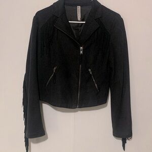 Mural Black Women’s Faux Leather Jacket with Fringe